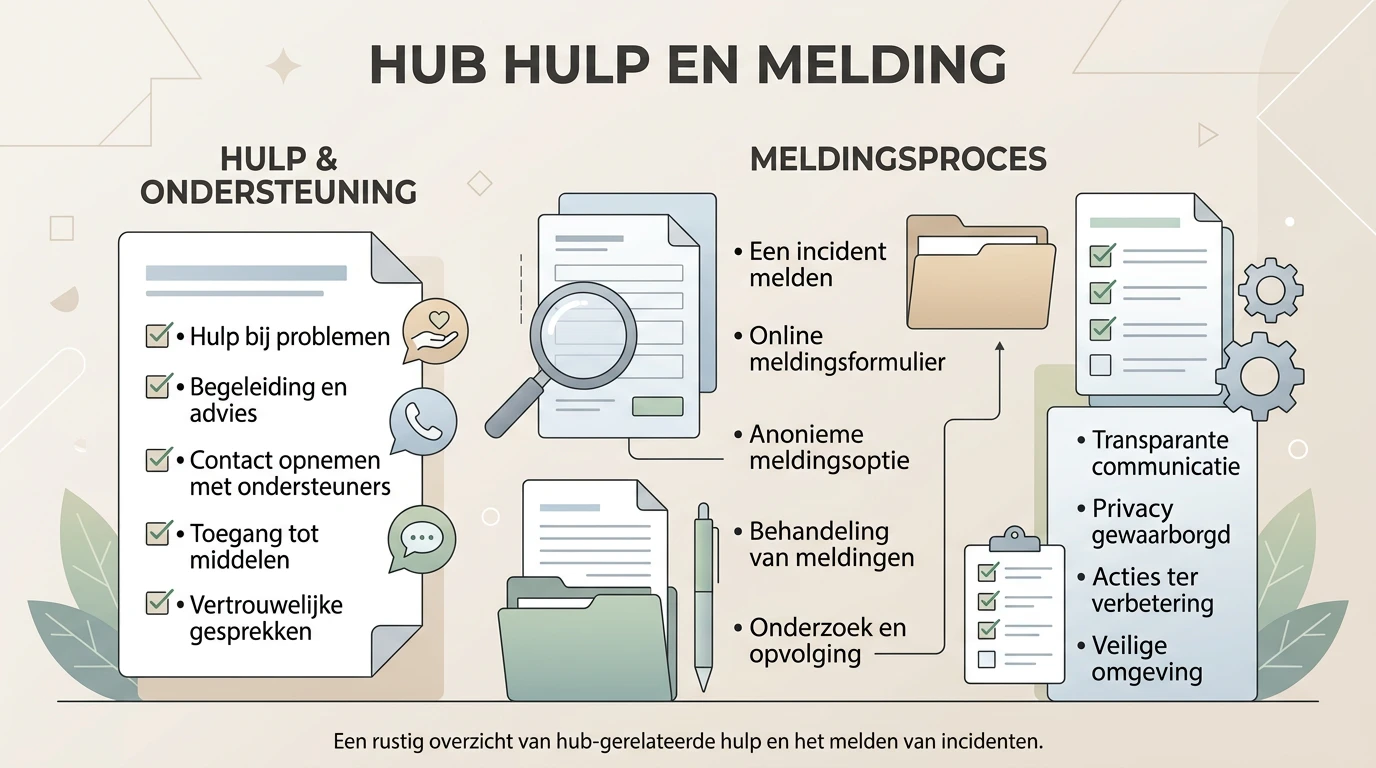Een rustige hulpkaart met klacht, melding, gokstop en gesprek als gescheiden routes