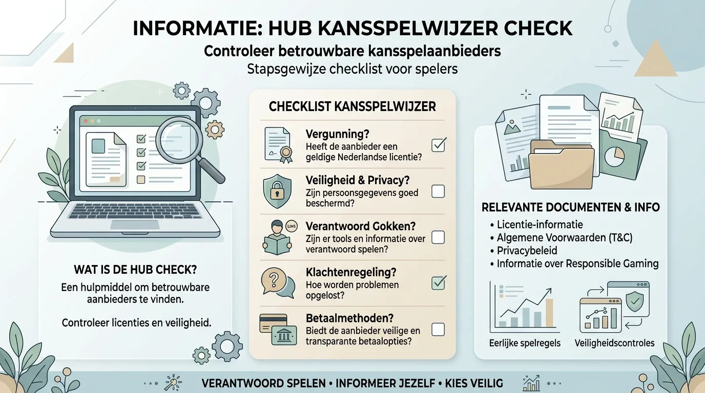 Een rustige controlekaart met Kansspelwijzer, aanbiedernaam, website en waarschuwingstekens