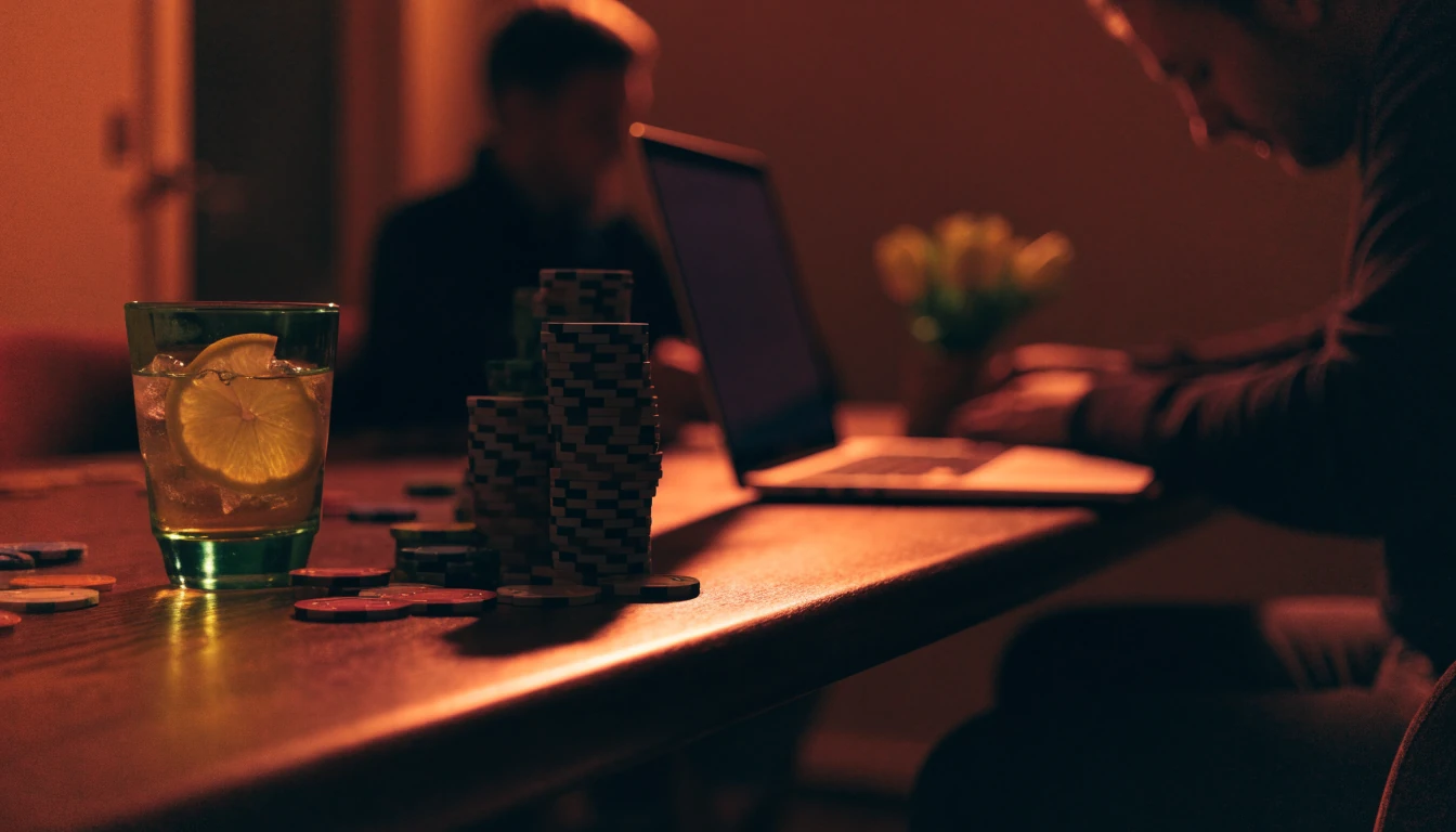 Sfeervolle casinotafel met chips en laptop in Nederlandse setting