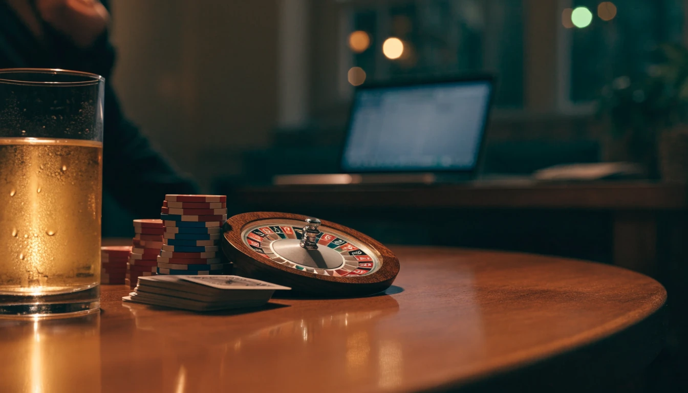 Stijlvolle casinotafel met chips, roulette en kaarten in warme sfeer