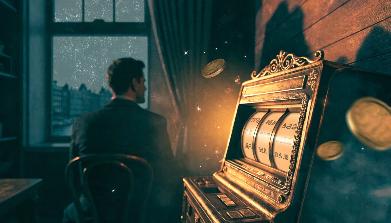 Gloeiende gokautomaat met gouden munten in een sfeervolle Nederlandse setting