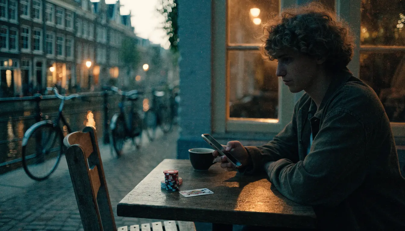 Amsterdam cafétafel met casinofiches en een telefoon, Nederlandse sfeer