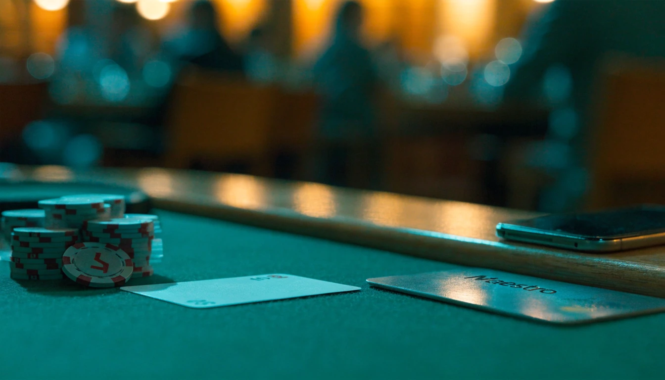 Casino tafel met fiches en Maestro betaalkaart in chique sfeer