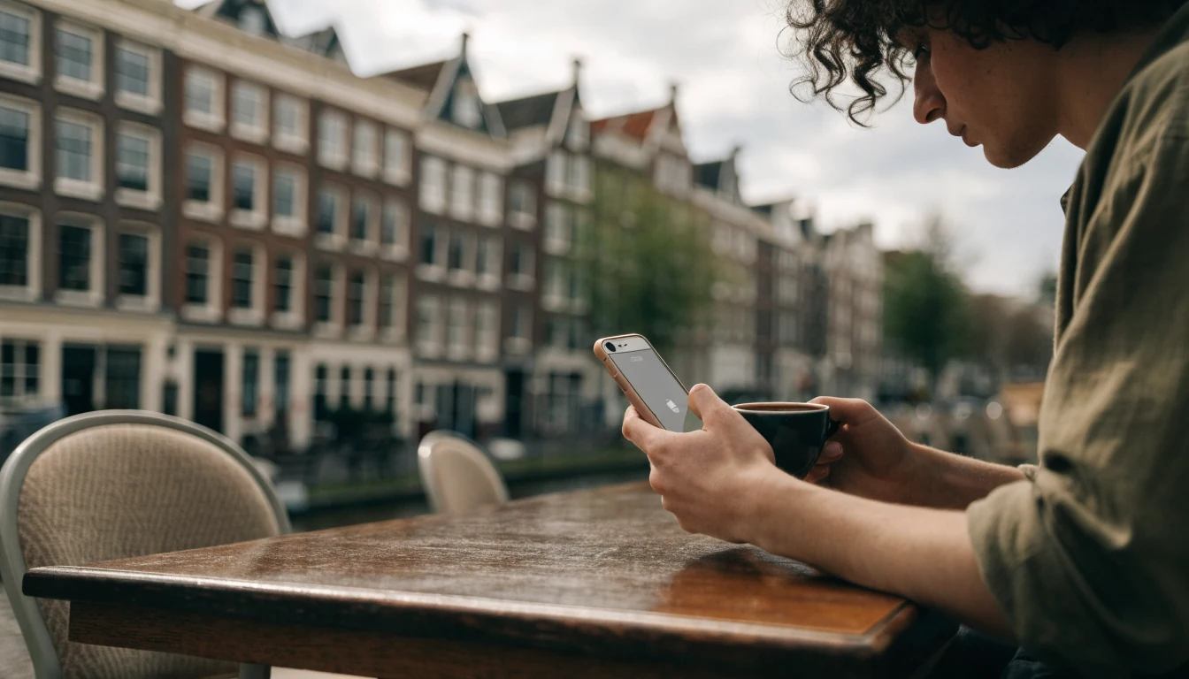 Persoon houdt iPhone vast bij een cafétafel in Amsterdam.