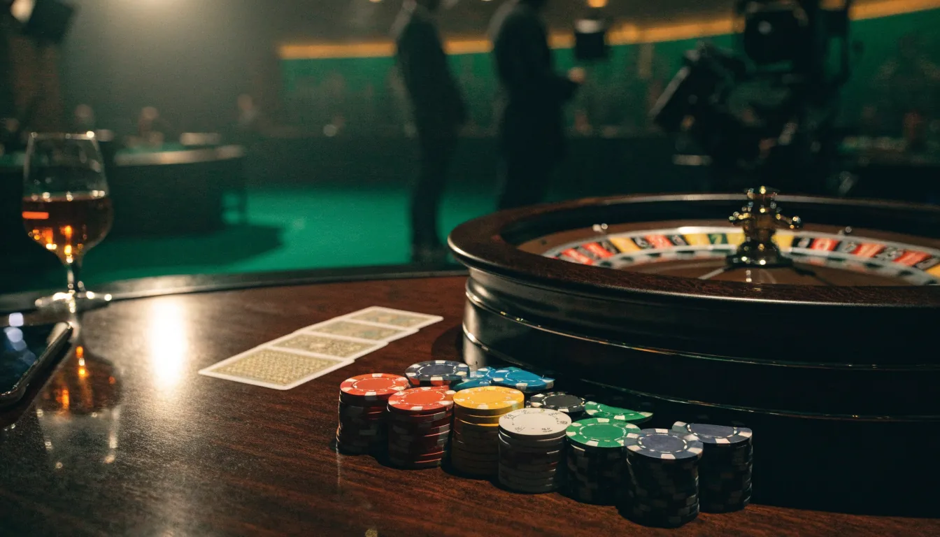 Live casino studio met roulettewiel en fiches op tafel