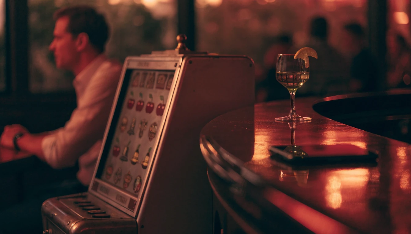 Sfeer van een Nederlands casino met een klassieke gokkast en een borrelglaasje