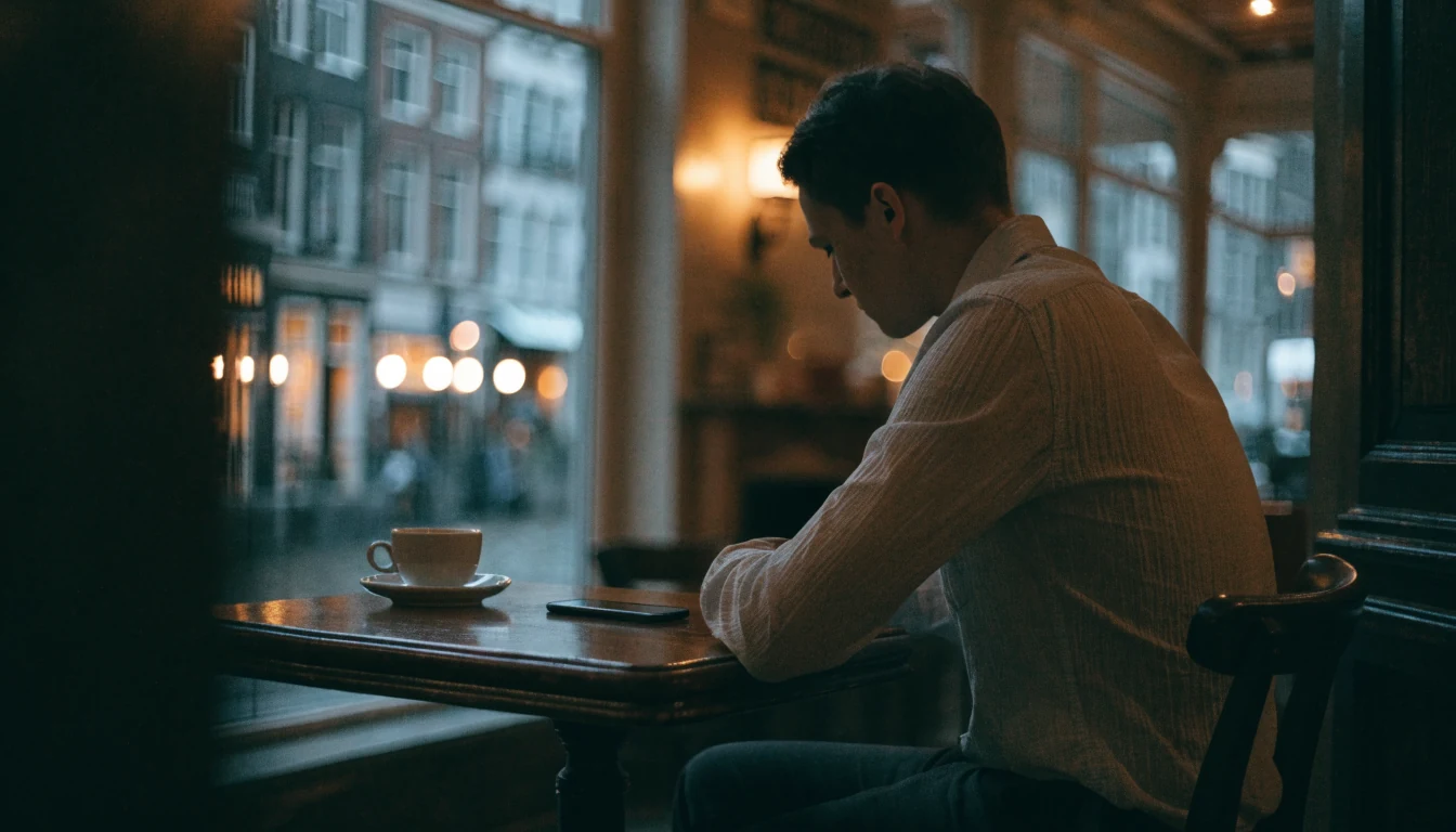 Persoon in een Amsterdams café denkt na naast een telefoon