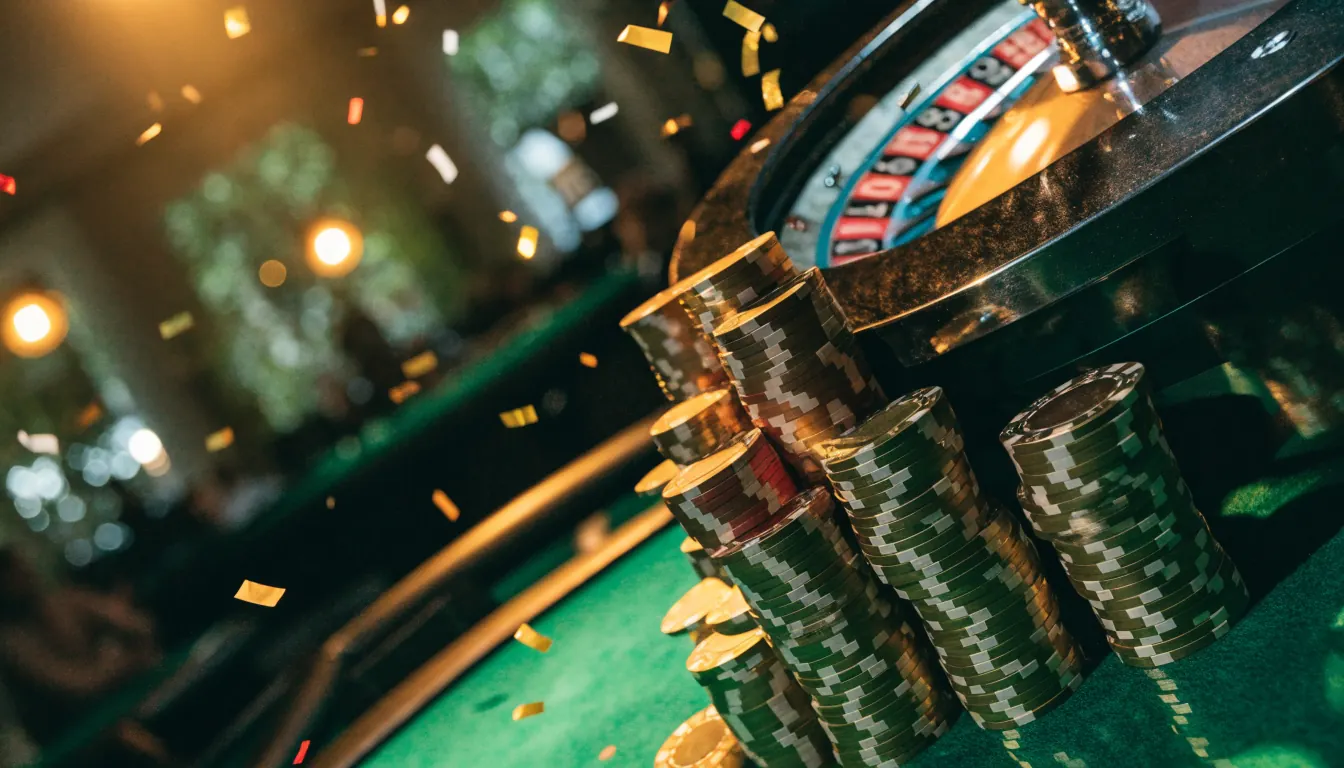 Stapel casinofiches en roulettewiel op een groene tafel met gouden gloed